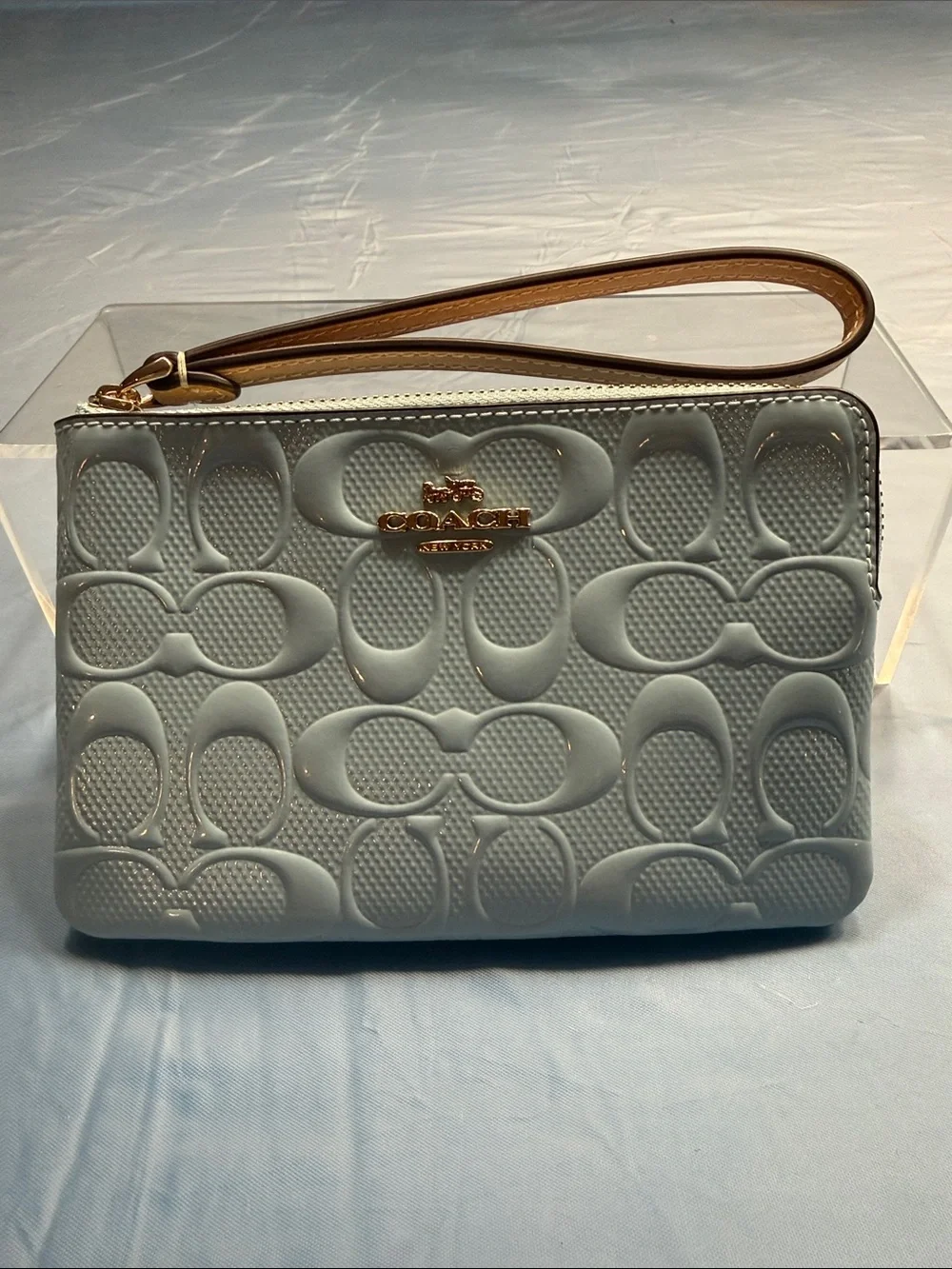 COACH Light Blue Embossed Signature Wristlet with Tan Strap - Picture 2 of 7